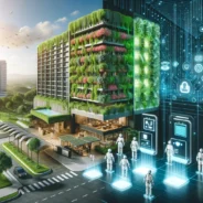 MINTS: dodjela bespovratnih sredstava za hotele 2 DALLE 2024 02 26 11.46.52 An image depicting the concept of green and digital transitions in the hotel industry. The scene splits into two halves On the lef e1708945289425